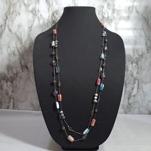 Women's Double‎ Cable Necklace Gunmetal Mother of Pearl & Acrylic Stones 18 In